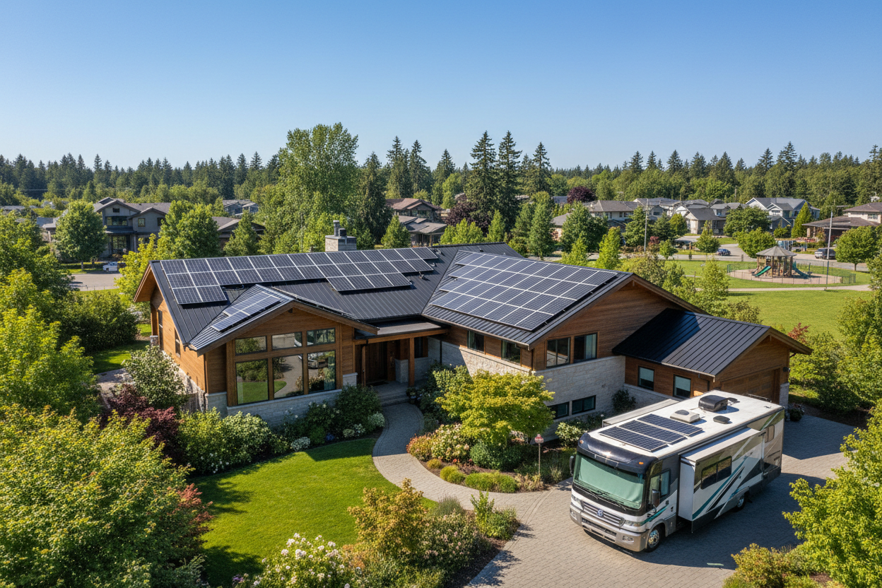 Solar house with RV and greenery